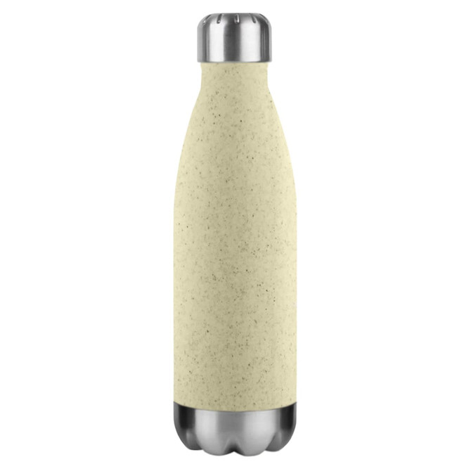 A drink bottle in a light beige colour made from wheat straw, featuring a stainless steel base and a silver lid.