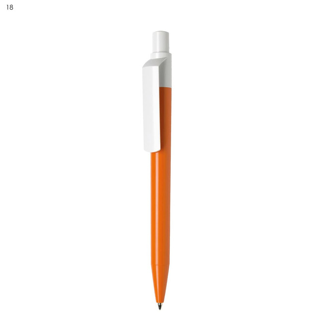 A plastic pen with a white clip and an orange body, featuring a simple design and a branding logo.