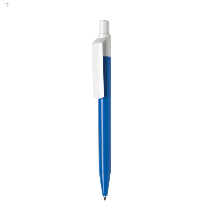 A blue plastic pen with a white clip, featuring a logo on its surface.