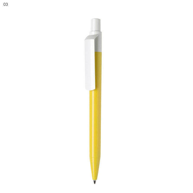 A yellow plastic pen with a white clip and a black ink nib. It features a logo on the body.