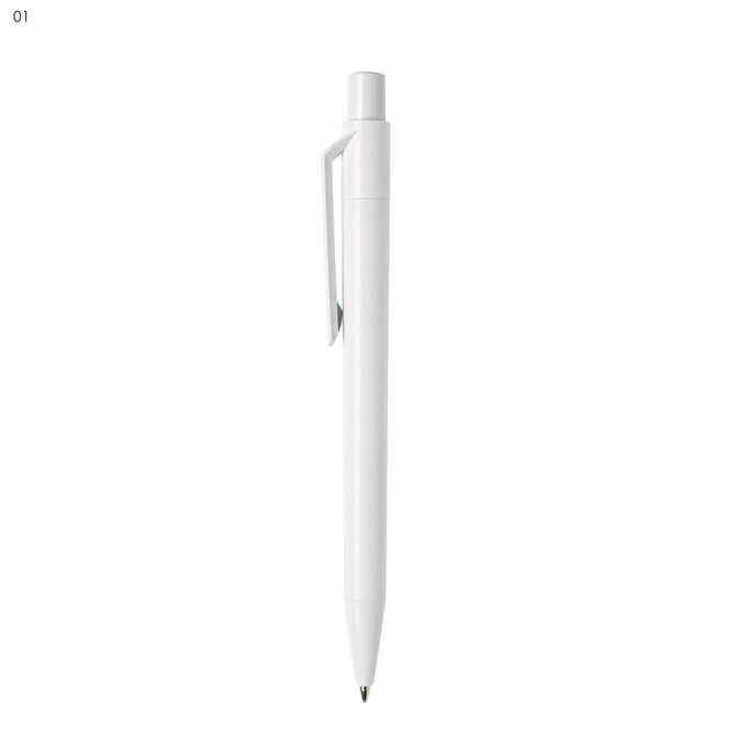 A white plastic pen with a retractable tip and a clip, featuring branding on the body.