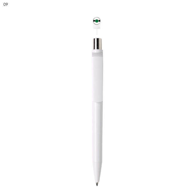 A white plastic pen with a silver clip and a coloured top. It has a branding logo on the top.