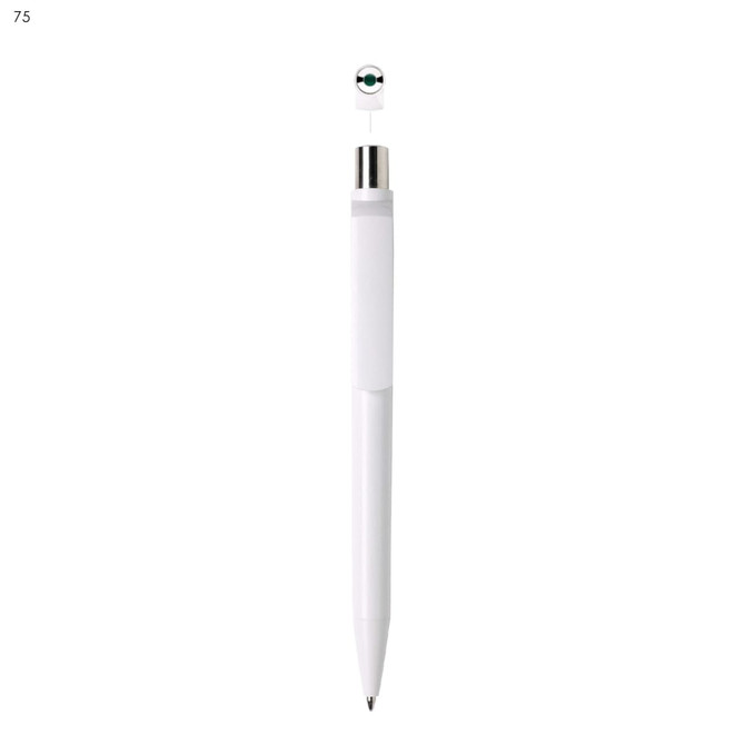 A white plastic pen with a metallic silver clip, featuring a logo on the top.