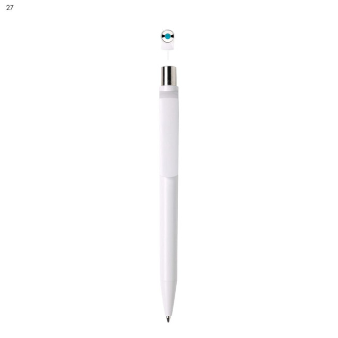 A white plastic pen with a silver clip and a branding logo on the top.