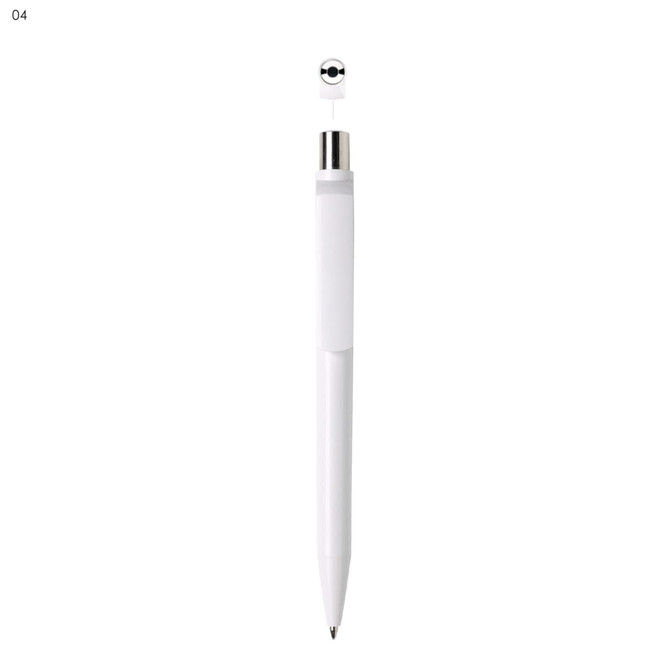 A white plastic pen with a silver clip and a removable cap, featuring a logo on its surface.