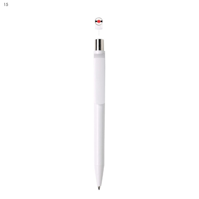 A white plastic pen with a silver clip and a round decorative top featuring a logo design.