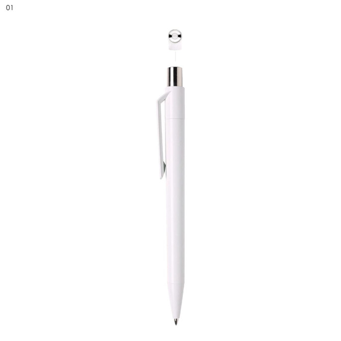 A white plastic pen with a metallic clip and a click mechanism at the top. It features a logo.