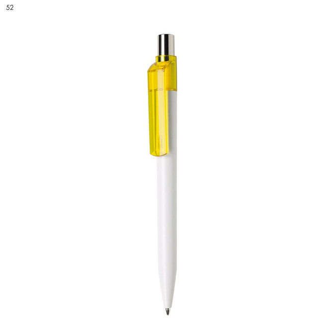 A white plastic pen with a yellow grip and a metallic clip. It features a logo on the body.