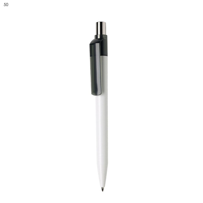 A white plastic pen with a black clip, featuring a branding logo on the clip area.