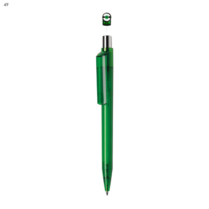 A green plastic pen with a transparent barrel and a silver clip. It features a logo at the top end.