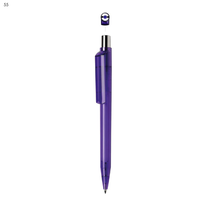 A purple plastic pen with a transparent barrel and a silver clip, featuring a brand logo at the top.