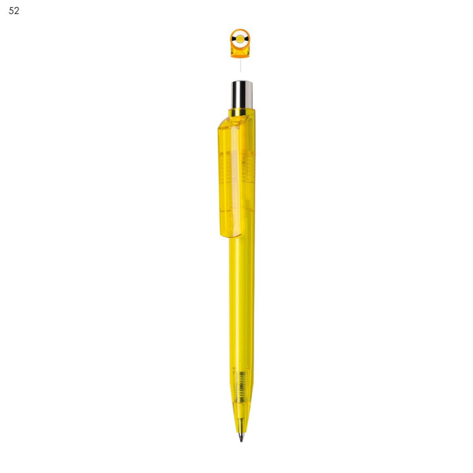 A yellow plastic pen with a transparent body and a clip. It features a logo at the top.