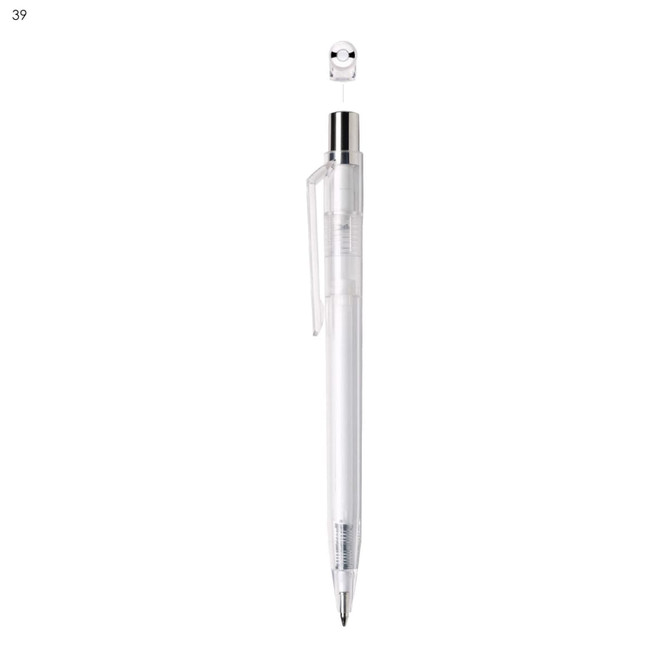 A clear plastic pen with a chrome clip and tip, featuring a promotional logo on the barrel.