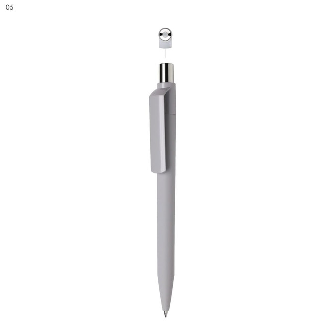 A grey plastic pen with a clip and a silver top, featuring a branding logo on the body.