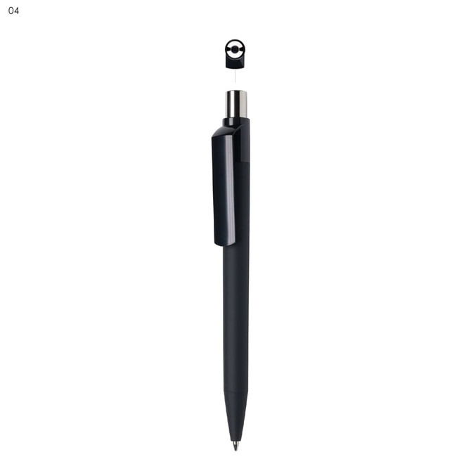 A black plastic pen with a sleek design and a clip. Includes a branding logo at the top.