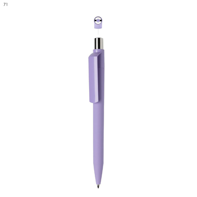 A purple plastic pen with a silver clip and a round cap. The pen has a sleek design and features a branding logo.