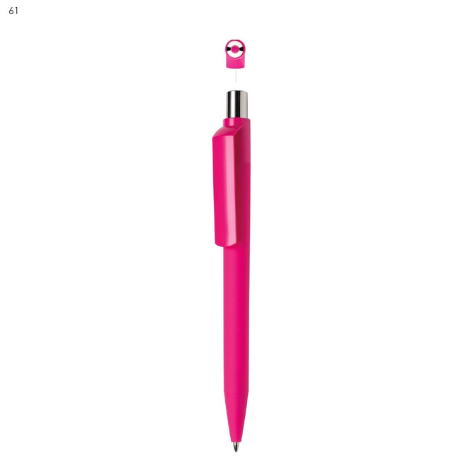 A bright pink plastic pen with a rounded, colourful top and a silver clip. It features a logo on the body.