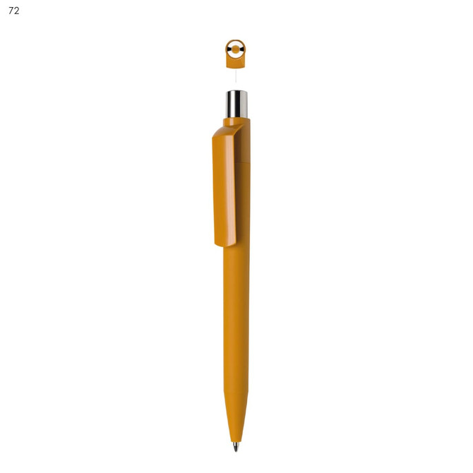 A yellow plastic pen with a removable cap and a silver clip, featuring a logo on the body.