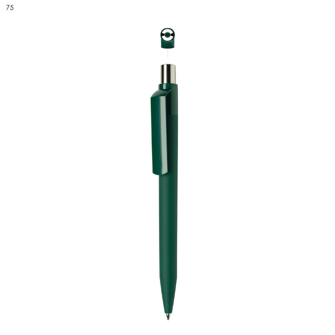 A green plastic pen with a removable top and a chrome clip, featuring a simple logo.