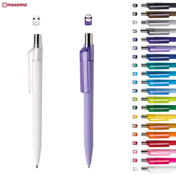 A collection of plastic pens in various colours, including white and purple, with a logo on the upper left.