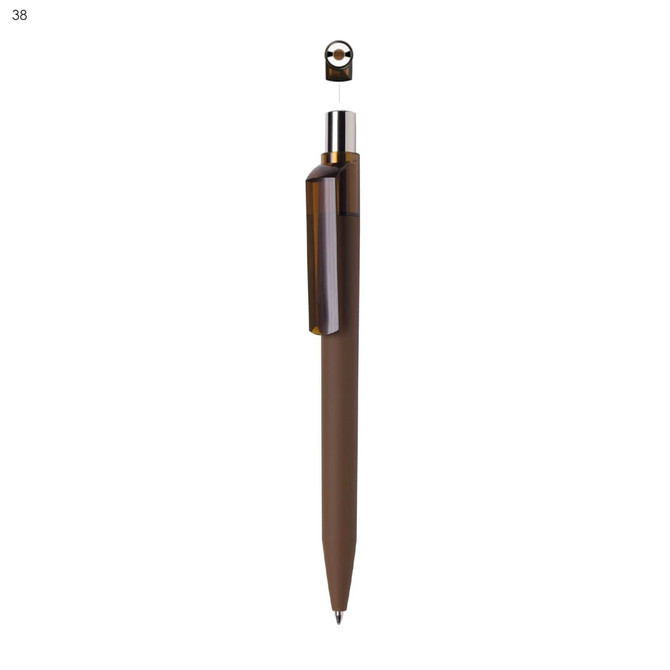 A brown plastic pen with a metallic top and a clip, featuring a simple design and a logo.
