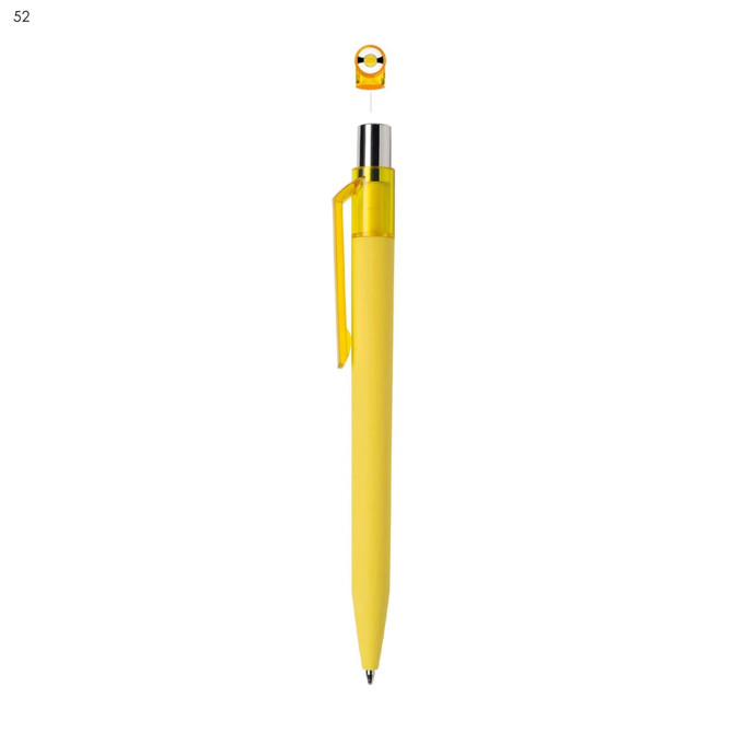 A yellow plastic pen with a shiny silver clip and a branding logo at the top.