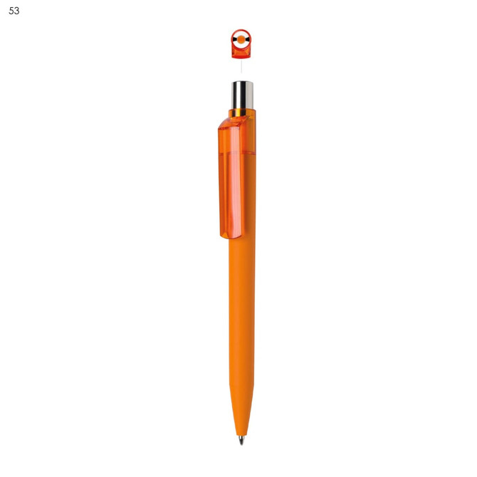 An orange plastic pen with a glossy finish and a clip, featuring a logo at the top.