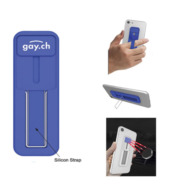A blue mobile stand featuring a silicone strap, designed to attach to a smartphone, with a branding logo.