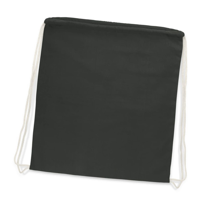 A dark green cotton drawstring backpack with white drawstrings and a simple design.