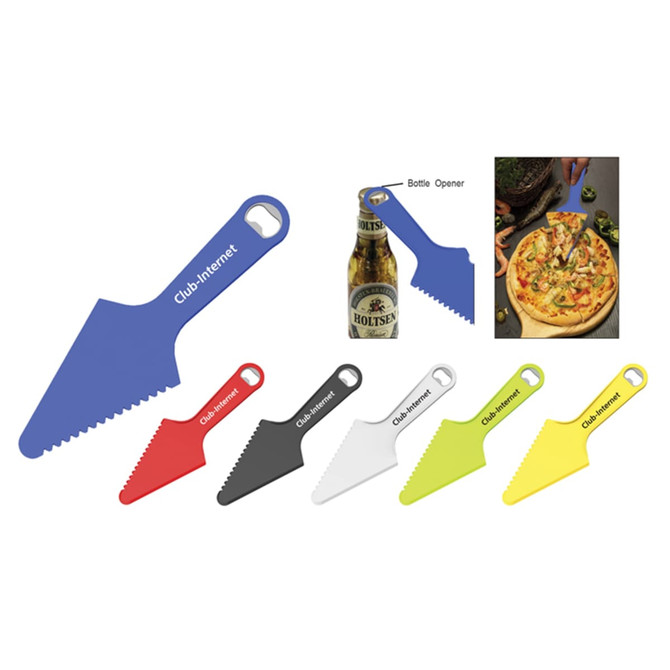 A set of pizza cutters in blue, red, black, white, and green, featuring a bottle opener and logos.