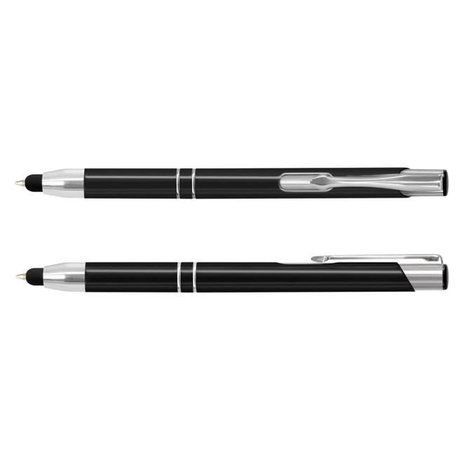 A black metal stylus pen featuring silver accents and a clip, displaying both ends of the pen.