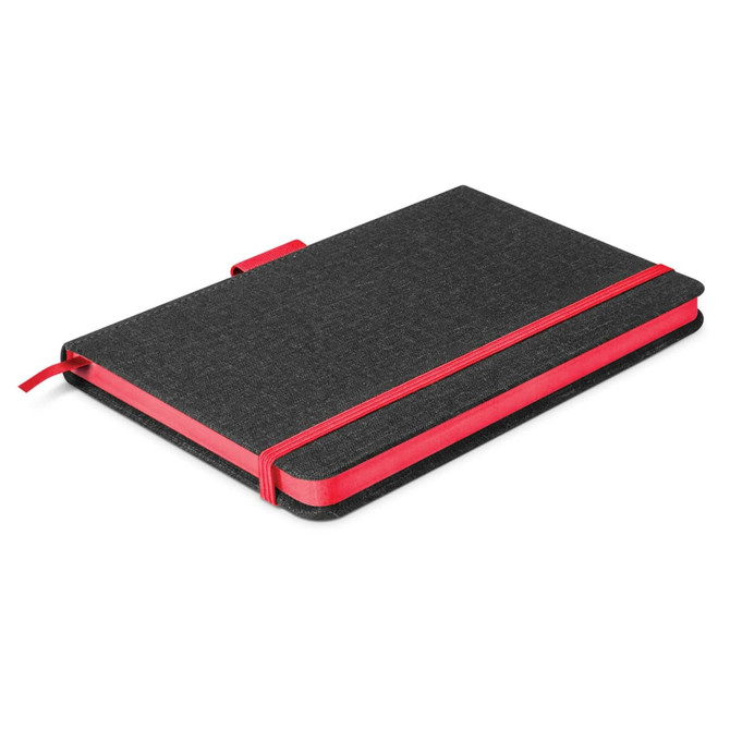 A two-tone notebook in black and red, featuring an elastic band and bookmark ribbon, with a logo on the cover.