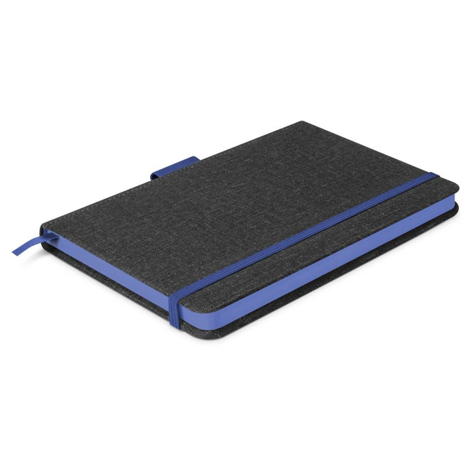 A grey notebook with a blue ribbon and elastic closure, featuring a sleek two-tone design and a logo.
