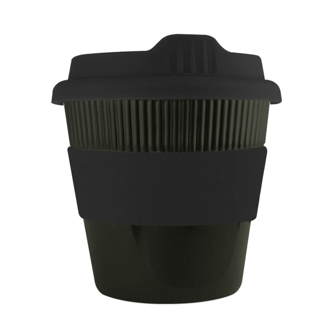 A drink bottle featuring a black reusable coffee cup with a ribbed design and a matching silicone sleeve.