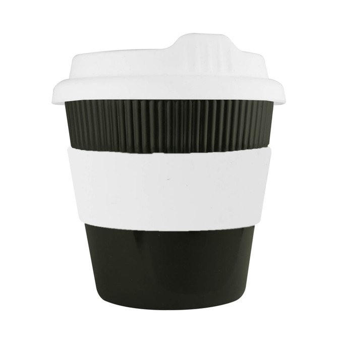 A drink bottle styled reusable coffee cup in black with a white band and lid, featuring ridged texture and a logo.