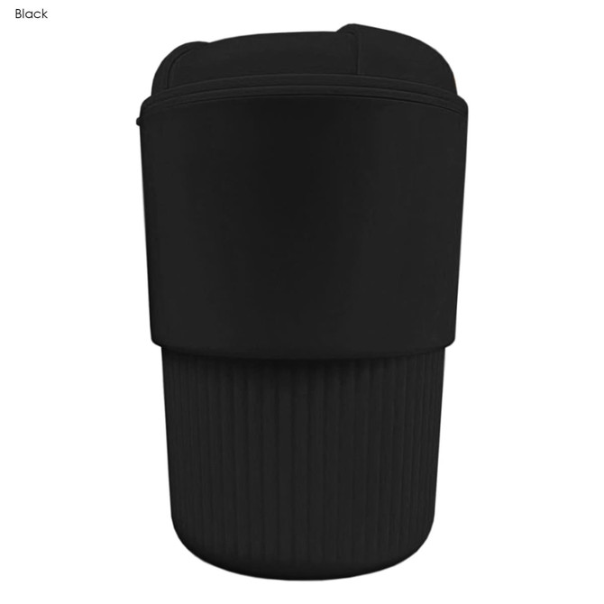 A drink bottle featuring a sleek black design with ribbed texture and a lid. It includes a logo.
