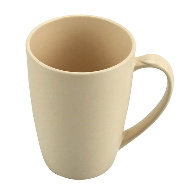 A bamboo mug in a creamy beige colour with a modern shape and a sturdy handle. It features a logo.