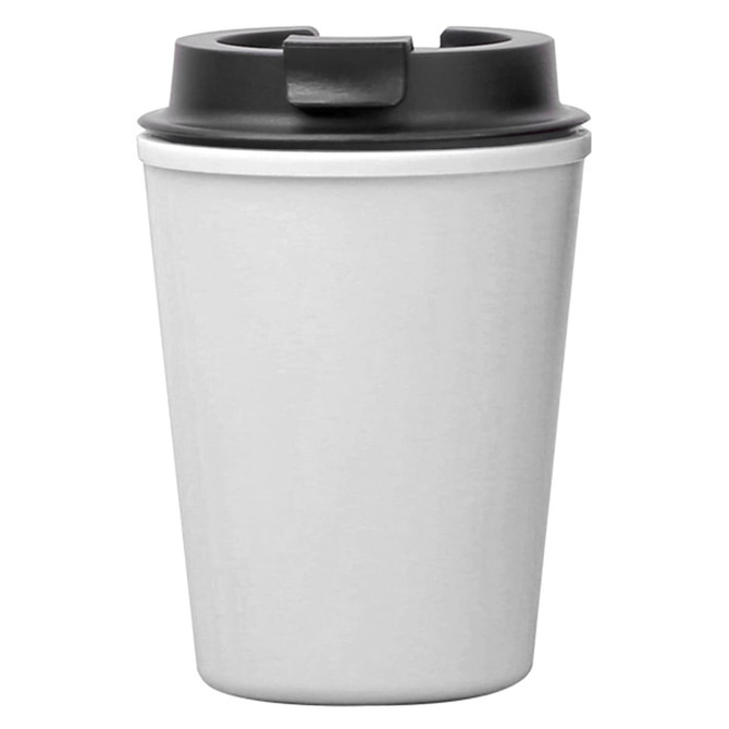 A reusable coffee cup in white with a black lid, featuring a logo. Ideal for eco-friendly beverages.