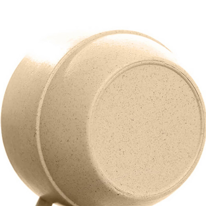 A reusable coffee cup in a light beige colour, featuring a smooth, rounded design and a logo on the side.