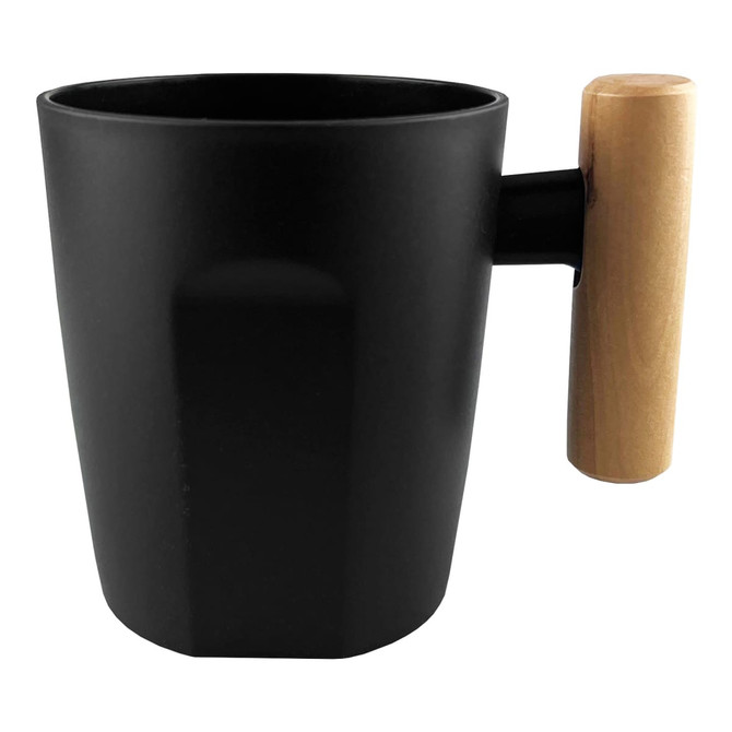 A black reusable coffee cup with a wooden handle, featuring a modern design and a logo on its surface.