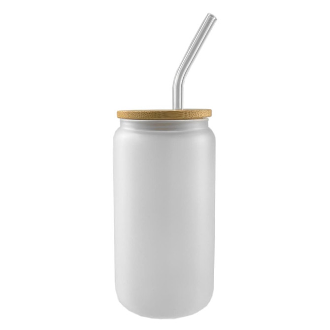 A frosted glass tumbler with a bamboo lid and stainless steel straw, designed for beverages.