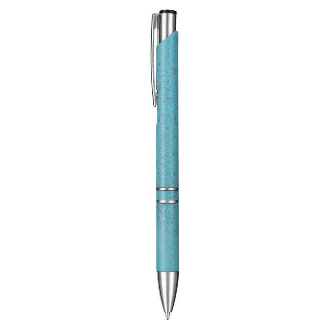 A turquoise eco pen with silver accents and a sleek design, featuring a logo.