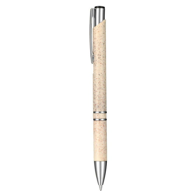A plastic pen in cream with a textured body and silver accents, featuring a branding logo.