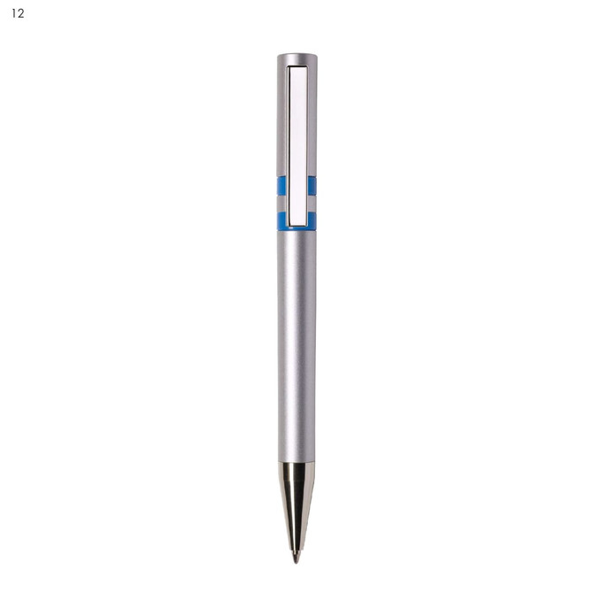 A silver plastic pen with a blue accent and a stylish cut-out design, featuring a metal nib.