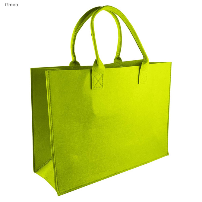 A vibrant green tote bag with two handles, made from felt material. It features a simple design and has a branding logo.