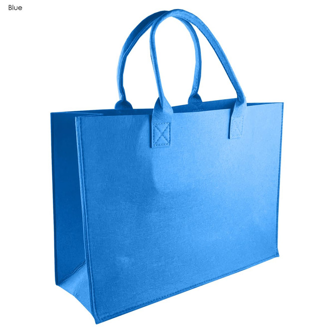 A blue tote bag with sturdy handles and a simple design, featuring a logo on one side.