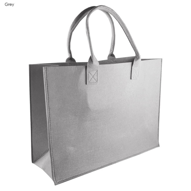 A grey tote bag with two handles and a structured design, featuring a logo.