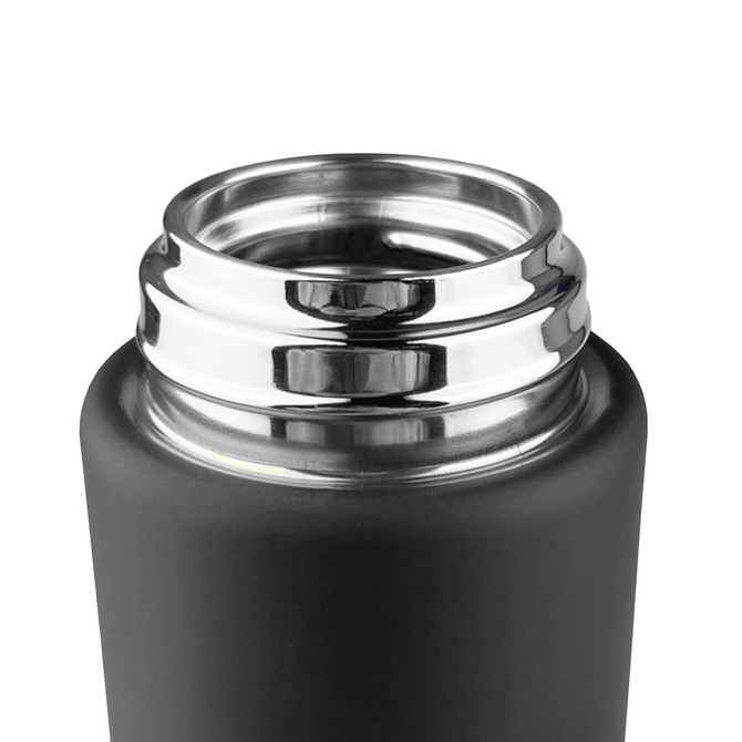 A drink bottle featuring a sleek black design with a polished silver opening and a metal interior.