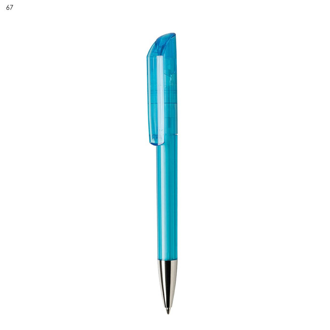 A plastic pen in bright blue with a transparent cap and silver accents, featuring a logo on the barrel.