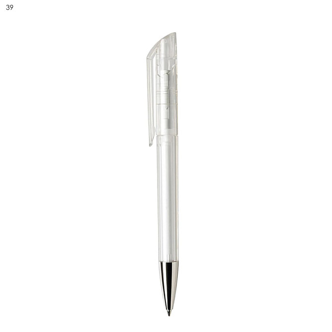 A transparent plastic pen with a silver tip and a clip on the cap, featuring a logo.